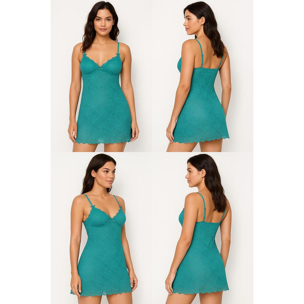 Victorias Secret Teal Lace Strappy Bow Accents Chemise Lingerie‎ Size Medium